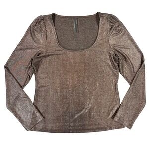 Anthropologie M Metallic Rib Knit Top Puff Sleeve Bronze Stretch
